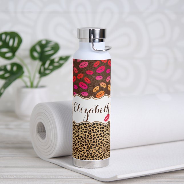 Leopard Print Lips Kisses Personalisiert Trinkflasche (Yoga)