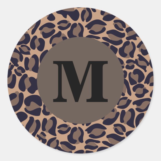 Leopard Print Monogram Classic Dschungel Party Runder Aufkleber (Vorderseite)