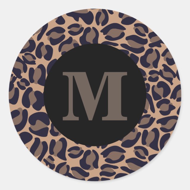 Leopard Print Monogram Classic Dschungel Party Runder Aufkleber (Vorderseite)