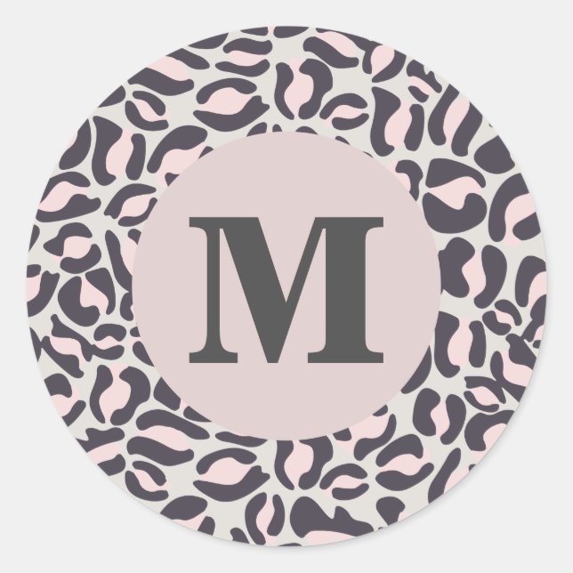 Leopard Print Monogram Classic Pink Jungle Party Runder Aufkleber (Vorderseite)