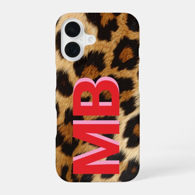 Leopard Print Monogram iPhone 16 Hülle (Rückseite)