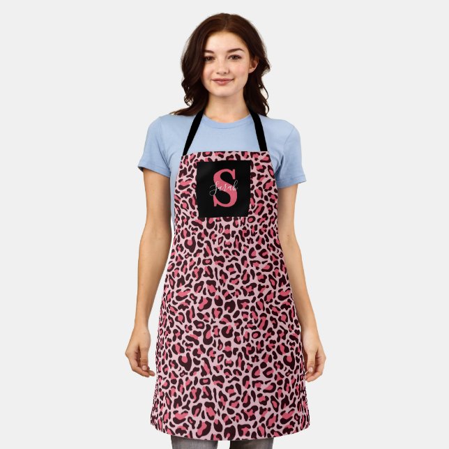 Leopard Print Monogram Trendy Hot Pink Schürze (Getragen)
