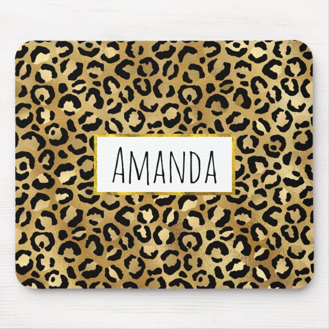 Leopard Print Muster in Gold und Schwarz Mousepad (Vorne)