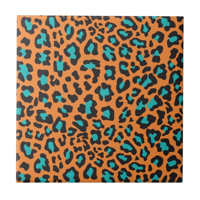 Leopard Print Orange, Black, Aqua Fliese (Vorderseite)