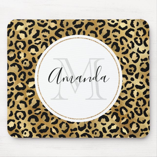 Leopard Print Patches in Gold und Schwarz Monogram Mousepad (Vorne)
