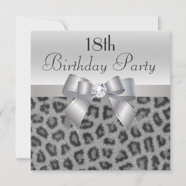 Leopard Print, Printed Bow & Diamond, 18. Geburtst Einladung (Vorderseite)