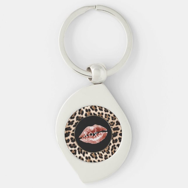 Leopard Print Red Lips XOXO Schlüsselanhänger (Vorderseite)