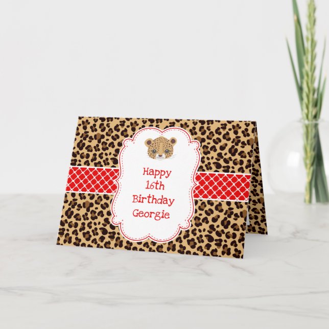 Leopard Print Red Quarter Birthday Karte (Vorderseite)