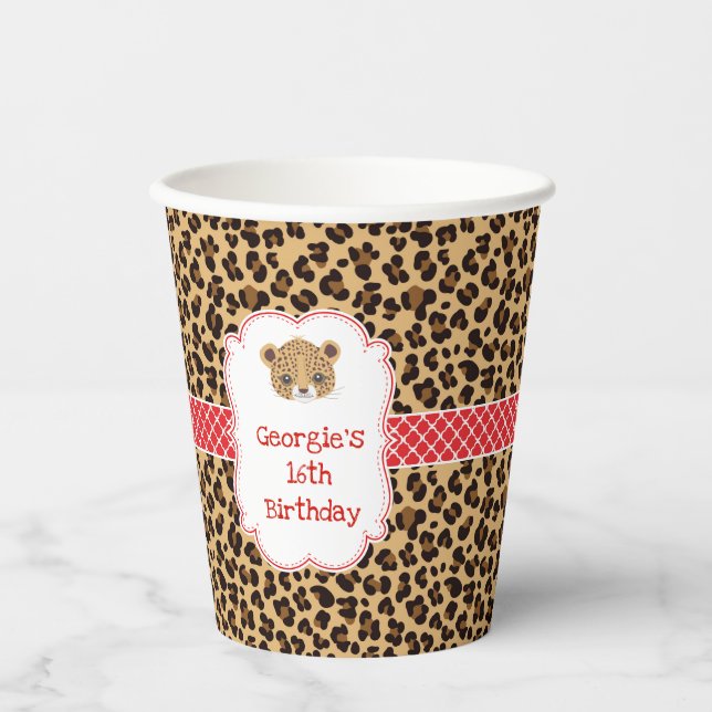 Leopard Print Red Quarter Birthday Party Pappbecher (Vorderseite)