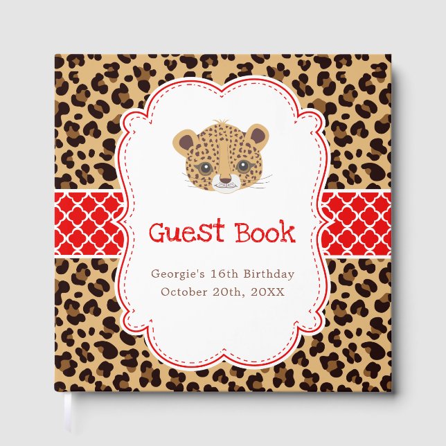 Leopard Print Red Quatrefoil Birthday Party Gästebuch (Vorderseite)