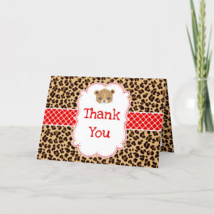 Leopard Print Red Quatrefoil Geburtstag 'Danke' Dankeskarte