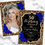 Leopard Print Royal Blue Foto 50. Geburtstag Einladung<br><div class="desc">Elegante Einladung zum 50. Geburtstag mit Ihrem Foto auf der Kartenrückseite. Glam schwarz königsblau Design mit einem Tier Leopard Druck und Imitate Glitzer Gold. Enthält sapphire-blaue Rose, Skript-Schriftart und Konfetti. Ideal für ein stilvolles Party für Erwachsene. Personalisieren Sie Ihre persönlichen Daten. Kann für jedes Alter angepasst werden! Gedruckte Zazzle Einladungen...</div>
