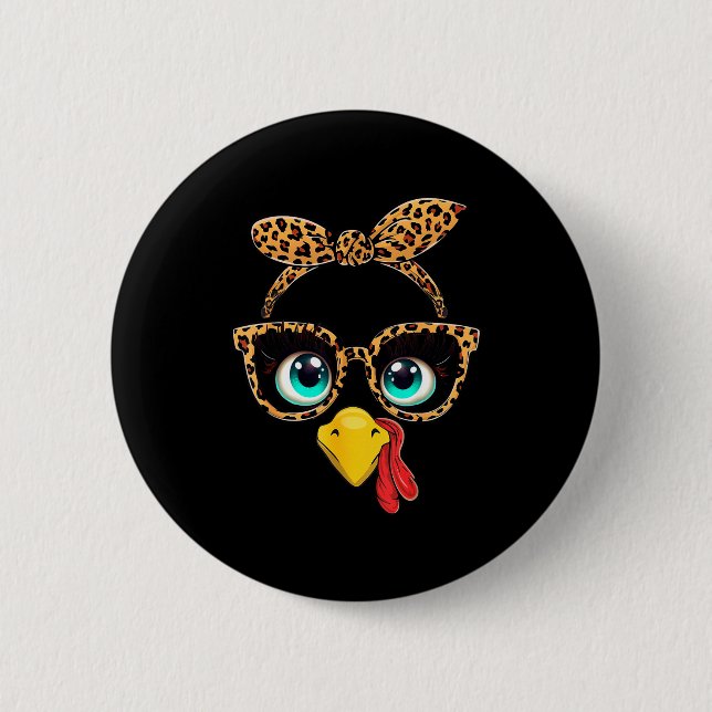 Leopard Print Thanksgiving Funny Turkey Face Gles  Button (Vorderseite)