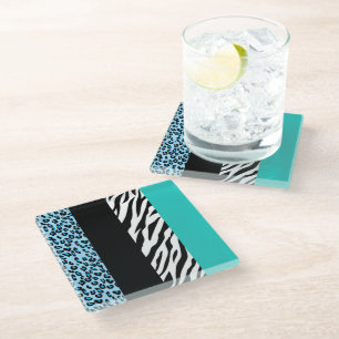 Leopard Print, Zebra Print, Animal Print, Blue Glasuntersetzer