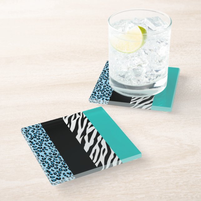 Leopard Print, Zebra Print, Animal Print, Blue Glasuntersetzer (Schrägansicht)