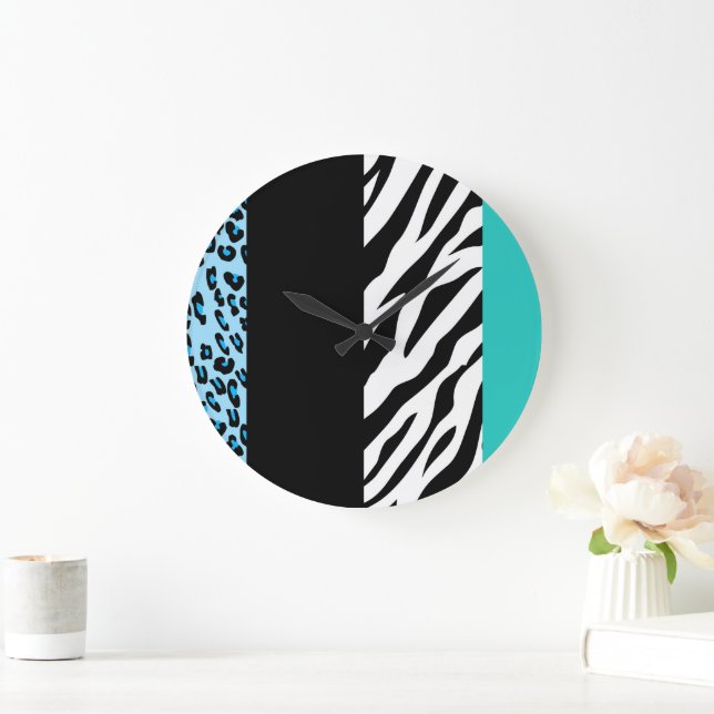 Leopard Print, Zebra Print, Animal Print, Blue Große Wanduhr (Zuhause)
