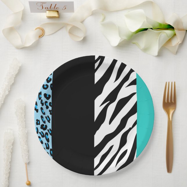 Leopard Print, Zebra Print, Animal Print, Blue Pappteller (Hochzeit)