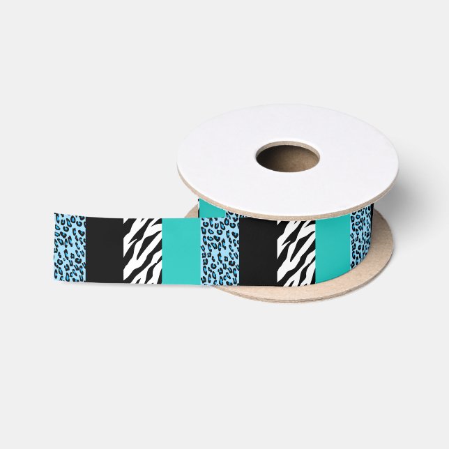 Leopard Print, Zebra Print, Animal Print, Blue Satinband (Spule)
