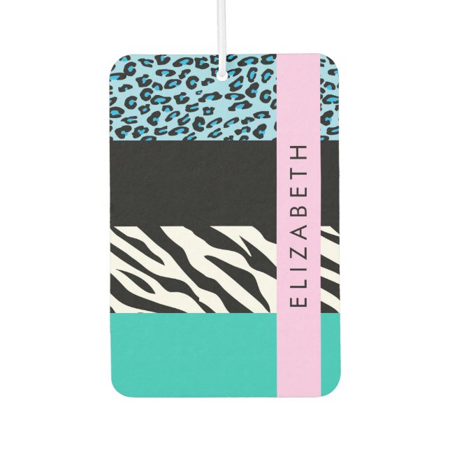 Leopard Print, Zebra Print, Blau, Ihr Name Autolufterfrischer (Vorderseite)