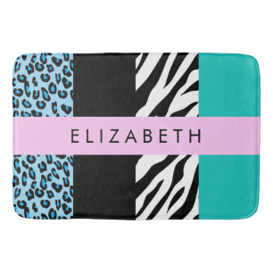 Leopard Print, Zebra Print, Blau, Ihr Name Badematte