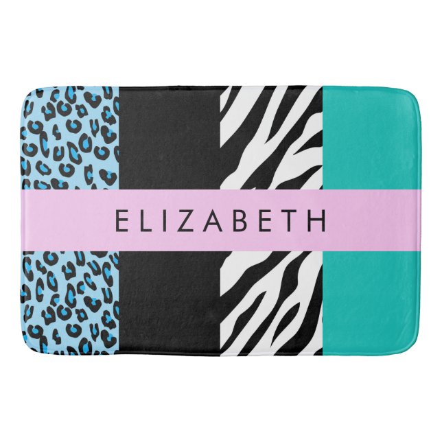 Leopard Print, Zebra Print, Blau, Ihr Name Badematte (Vorderseite)