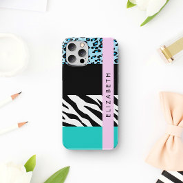 Leopard Print, Zebra Print, Blau, Ihr Name iPhone 16 Hülle