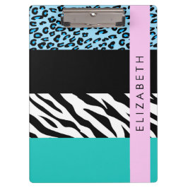 Leopard Print, Zebra Print, Blau, Ihr Name Klemmbrett