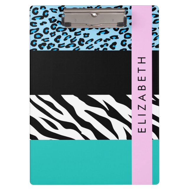 Leopard Print, Zebra Print, Blau, Ihr Name Klemmbrett (Vorderseite)