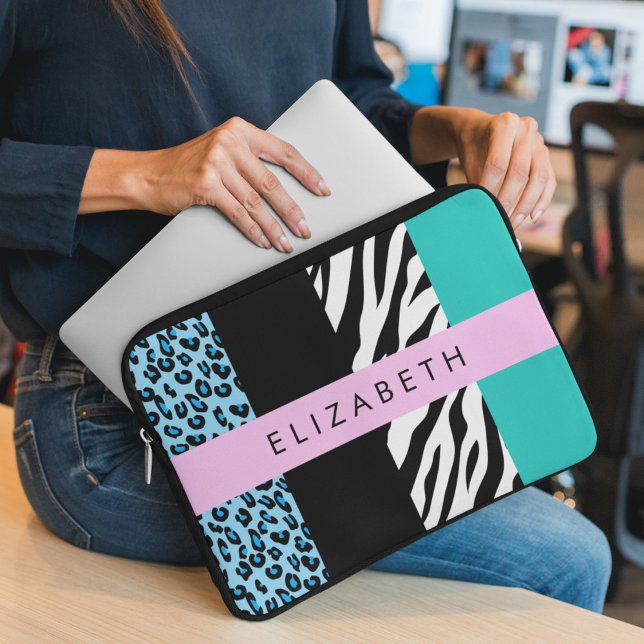 Leopard Print, Zebra Print, Blau, Ihr Name Laptopschutzhülle (Von Creator hochgeladen)