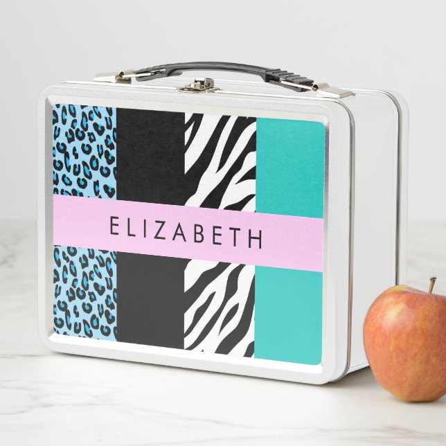 Leopard Print, Zebra Print, Blau, Ihr Name Metall Brotdose (Beispiel)