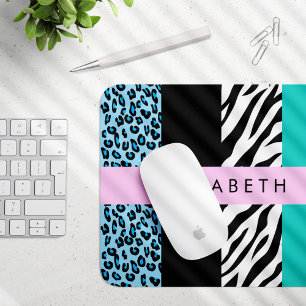 Leopard Print, Zebra Print, Blau, Ihr Name Mousepad