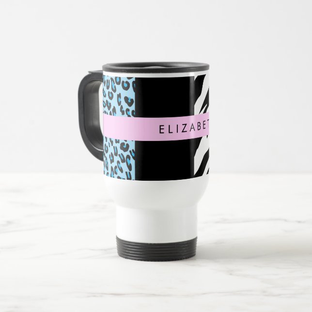 Leopard Print, Zebra Print, Blau, Ihr Name Reisebecher (Vorderseite Links)