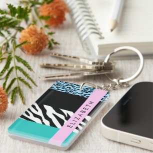 Leopard Print, Zebra Print, Blau, Ihr Name Schlüsselanhänger