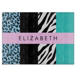 Leopard Print, Zebra Print, Blau, Ihr Name Schneidebrett