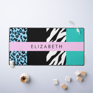 Leopard Print, Zebra Print, Blau, Ihr Name Schreibtischunterlage