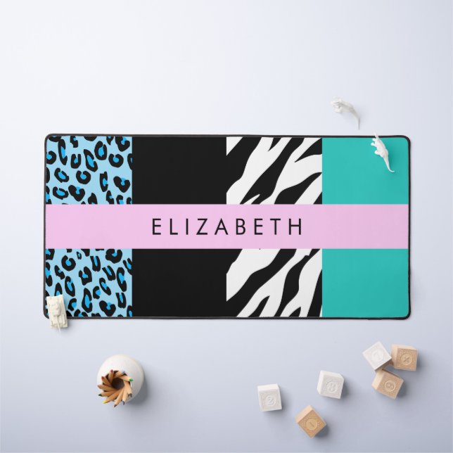Leopard Print, Zebra Print, Blau, Ihr Name Schreibtischunterlage (Kindertisch)