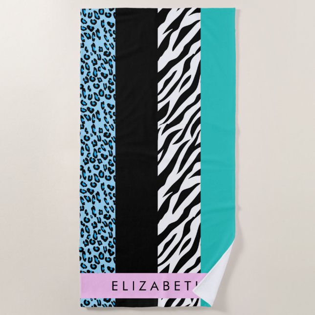 Leopard Print, Zebra Print, Blau, Ihr Name Strandtuch (Vorderseite)