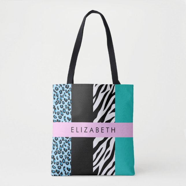 Leopard Print, Zebra Print, Blau, Ihr Name Tasche (Vorderseite)