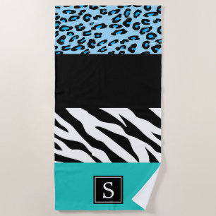 Leopard Print, Zebra Print, Blau, Monogramm Strandtuch