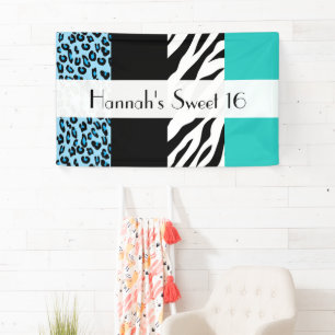 Leopard Print, Zebra Print, Blue, Sweet 16 Banner