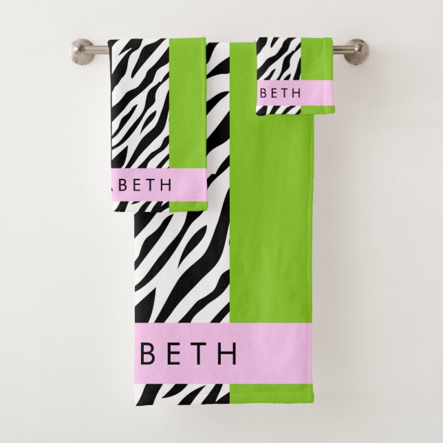 Leopard Print, Zebra Print, Green, Ihr Name Badhandtuch Set (Insitu)