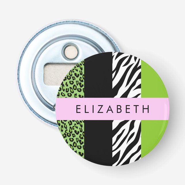 Leopard Print, Zebra Print, Green, Ihr Name Flaschenöffner (Vorderseite)