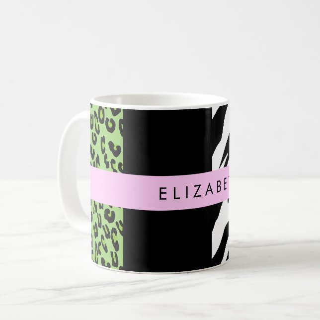 Leopard Print, Zebra Print, Green, Ihr Name Kaffeetasse (Vorderseite Links)
