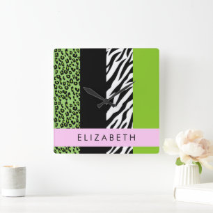 Leopard Print, Zebra Print, Green, Ihr Name Quadratische Wanduhr