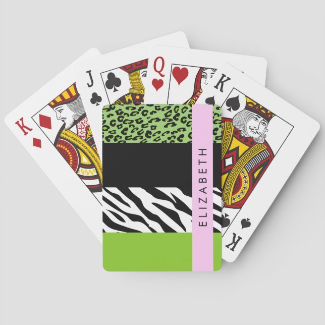 Leopard Print, Zebra Print, Green, Ihr Name Spielkarten (Rückseite)