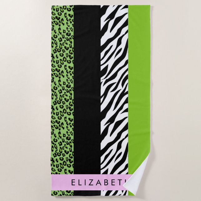 Leopard Print, Zebra Print, Green, Ihr Name Strandtuch (Vorderseite)