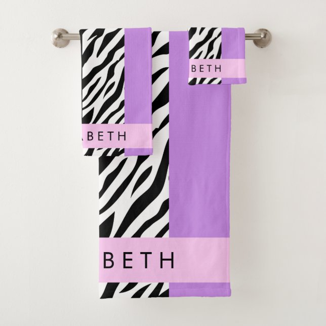 Leopard Print, Zebra Print, Lila, Ihr Name Badhandtuch Set (Insitu)