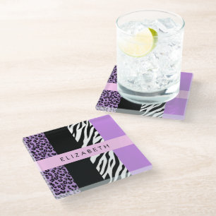 Leopard Print, Zebra Print, Lila, Ihr Name Glasuntersetzer