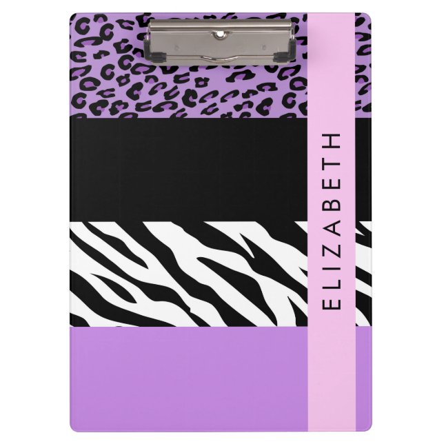 Leopard Print, Zebra Print, Lila, Ihr Name Klemmbrett (Vorderseite)