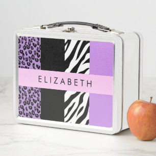 Leopard Print, Zebra Print, Lila, Ihr Name Metall Brotdose